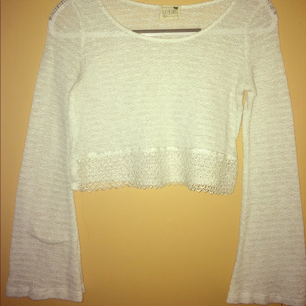 See though knit white bell sleeved crop top
